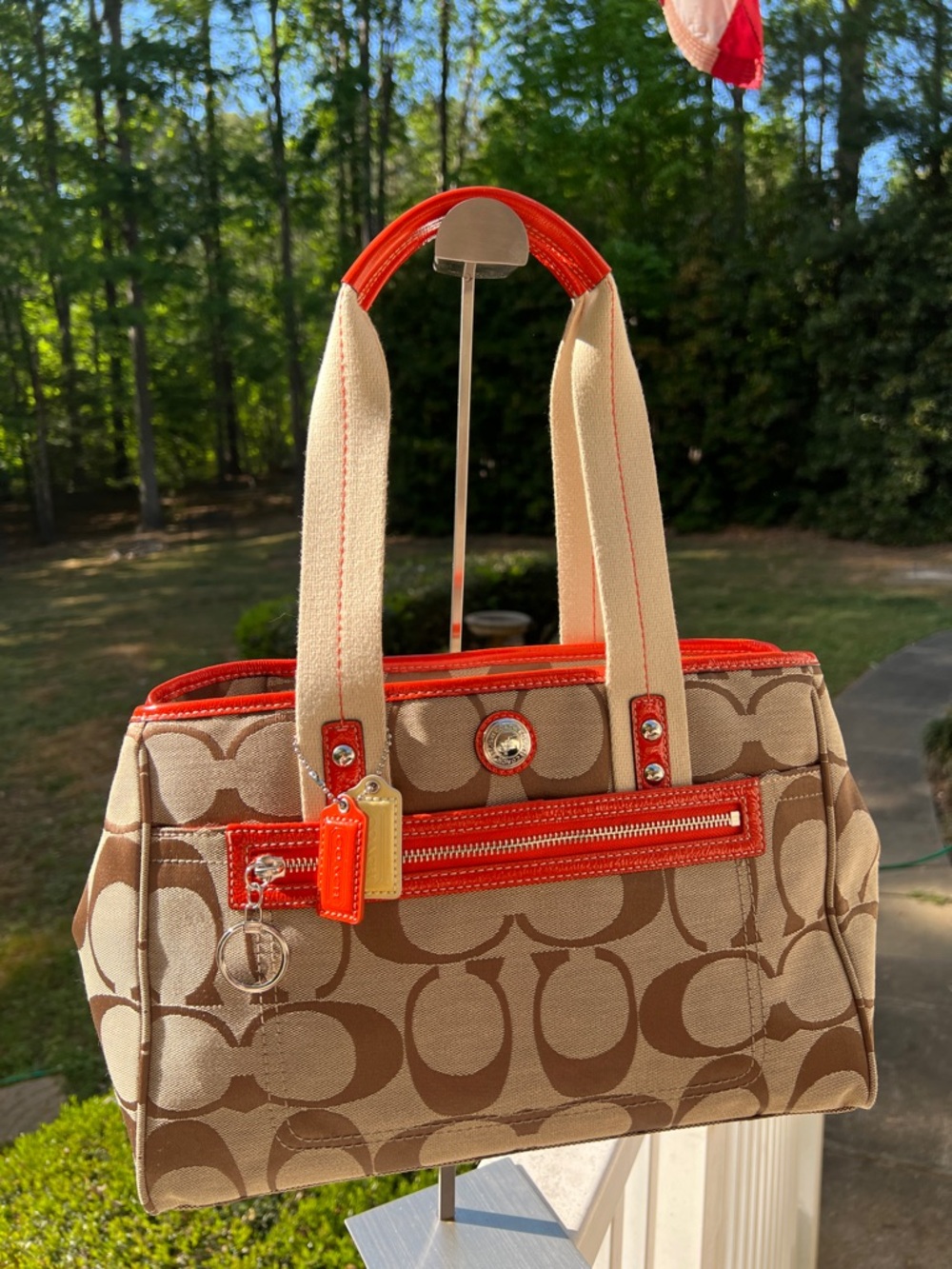 Coach Daisy Signature Satchel with Bright Orange Trim-13×9×4.5